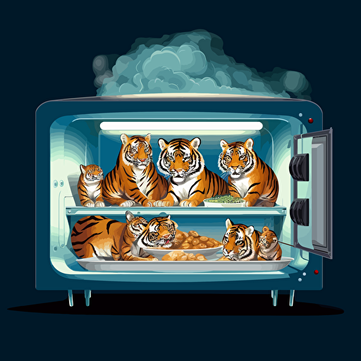countertop smart oven surrounded by a team of tigers, vector art