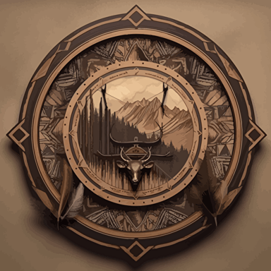 create a unique logoin the style of seb nirak1 featuring a stylized arrowhead enclosed within a circular frame. The arrowhead contains a detailed representation of the Smoky Mountains, skillfully illustrating the peaks and valleys to evoke a sense of depth and grandeur. Surrounding the circular logo, a rustic, tribal-inspired dreamcatcher motif made from interwoven branches and delicate turkey feathers creates an enchanting border. make it like a vector image with a transparent background. make it easy to scale or to be used on merchendise