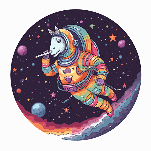 anthropomorphic unicorn in an astronaut suit riding a rainbow in space, vector style. design in circle. transparent background