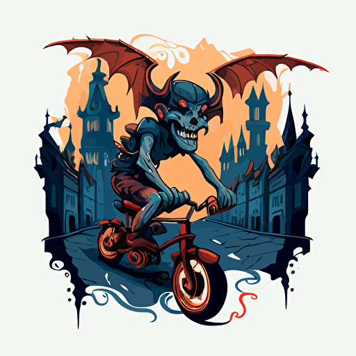 imp riding a bike through a bad part of a city, vector logo, vector art, emblem, simple cartoon, 2d, no text, white background