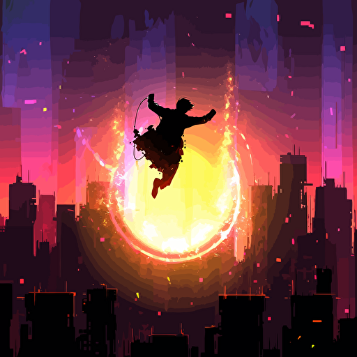 levitating above burning city,theater stage,neon light,,Aurora Laser,Axel Vervoordt,vector illustration, minimalist illustrator, silhouette of a person extreme sports, dynamic posture