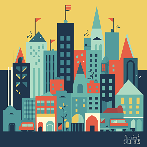 a basic city themed card back design that is rotationally symmetric, in fun primary colours with a vector art style