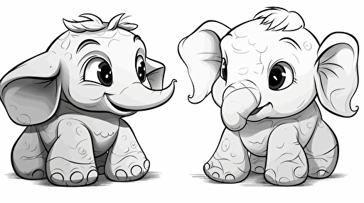 a cute turtle, a cute elephant, disney cartoon style, black and white, coloring page, vector, hd