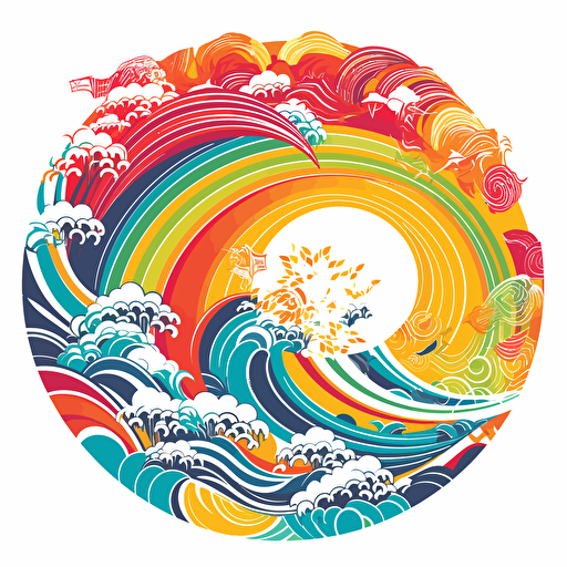 vibrant rainbow 2d vector art ukiyo-e logo, white background
