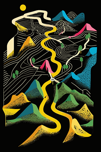 abstract hiking map, no text, pop art deco illustration, hand vector art, black background,