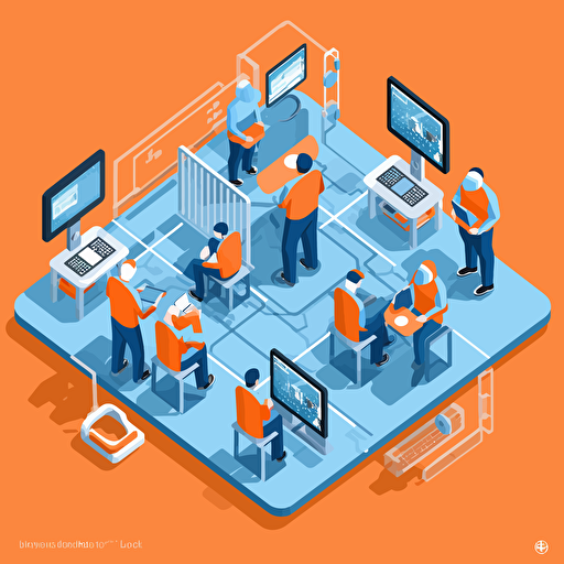 imagine flat vector icon, prisoners using tablet computers, blue and orange and white and darky gray, isometric
