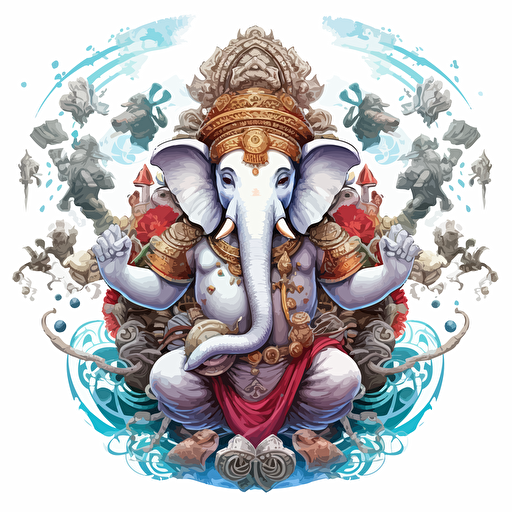 round up design with digital illustration of ganesha, magic world inspired by Studio Ghibli, vector illustration, intricate details, unreal engine, extremely high detailing, sharp, white background