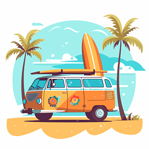vector style flat surf van on a beach with surf boards on it, colorful