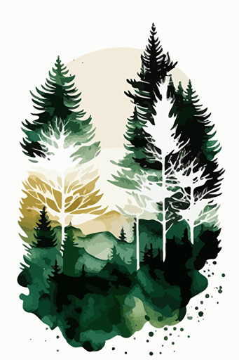 Forest green and beige watercolour abstract landscape art, Minimalist, vector, contour