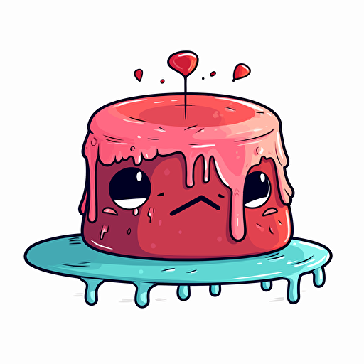 a anthropomorphic cake with limbs crying sadly, vector, simple colors, white background