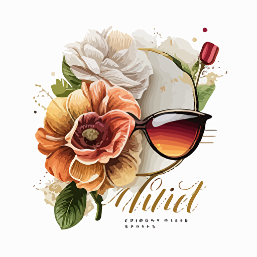 unique hyper detail flower themed logo including lip stick, sun glasses, and champagne, white background, vector