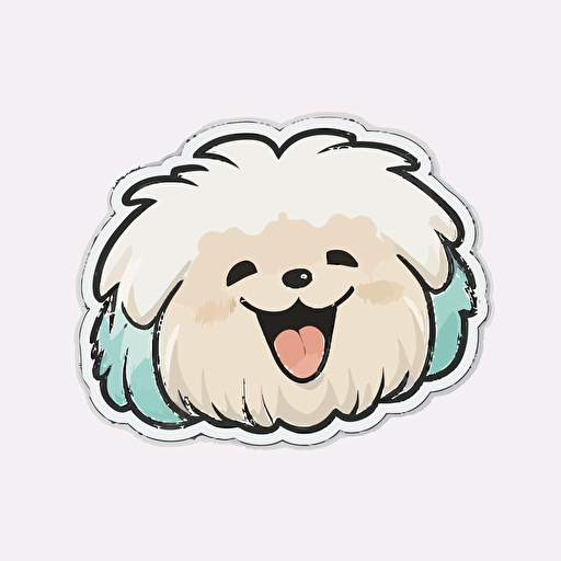 Cute, happy, smiling maltese dog head sticker logo, dog tongue out, chibi style, cartoon, clean, vector, 2d, white background, no accessories, without accessories, no text, without text