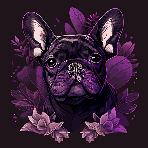 a head of a dark french bulldog puppy surrounded by purple hearts , super detailed, vector