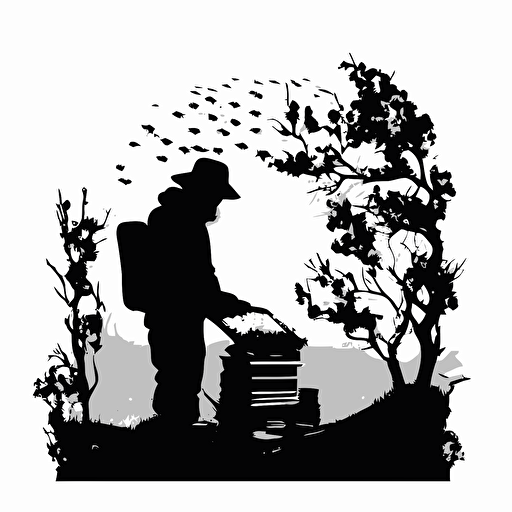 beekeeper taking care of his hives, silhouette, vector-like, 4:3, hd black on white backround