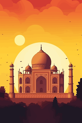 taj mahal, bright lighting, summer vibrant colors, sun in sky, faint clouds, front view, vector,
