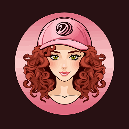 very simple vector logo of a girl with dark red very curly hair, a pink white cap, brown eyes, background pink