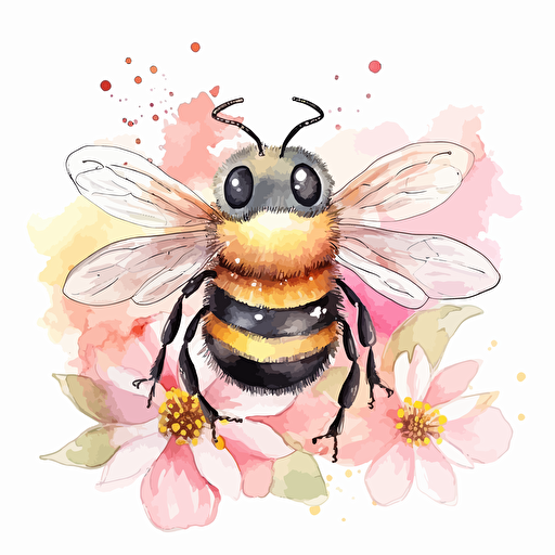 cute watercolor bee with flowers, vector