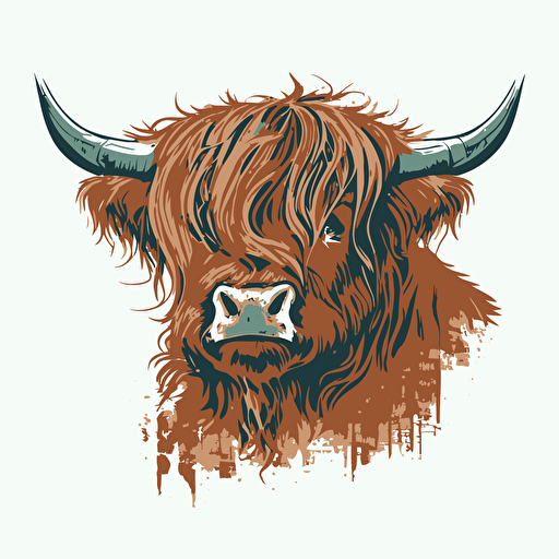 highland cow head vector,comic style, white background