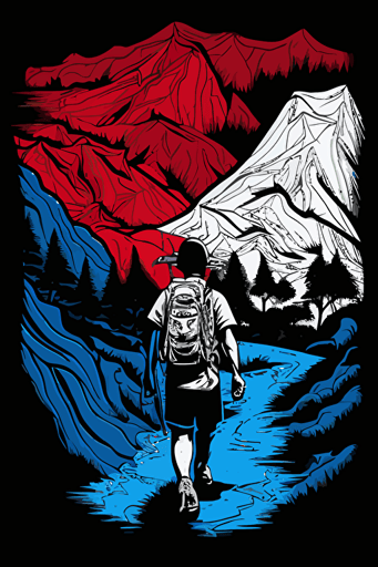 hiking map, blue, red and white colors, pop art deco illustration, hand vector art, black background,
