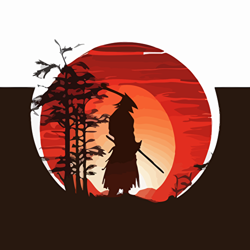 square logo, silhouette of a samurai against a red sun, white background, flat image vector