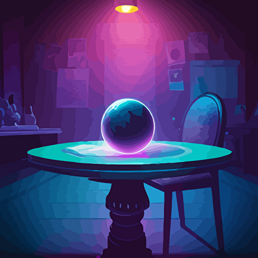 an illustrated scene of a magic ball in a business scenario on a table surface. vector, moody