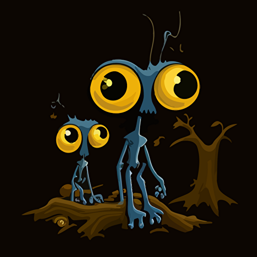 cartoon vector style, big eyed, cute, The Novians are humanoid beings with blue skin and glowing yellow eyes. They have long, slender fingers and toes, which are perfect for climbing the tall trees that cover their planet. They have a deep connection with nature and are known for their unique ability to communicate with the animals and plants on their planet