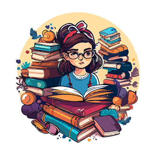 Imagine a Disney-style vector caricature of a nerdy girl sitting against a plain white background. The girl is wearing glasses and surrounded by a pile of books. The artwork is designed in a round circle format, with a whimsical and playful tone to it. 12k v 5