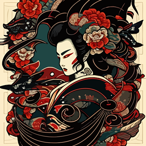 japan cartoons style,geisha,ultra detail, vector art, inspired by Kanō Hōgai, ukiyo-e, by joseph binder, official product photo, trending on pixart, by tite kubo, trending on artstration, background covered with chinese patterns and various monsters