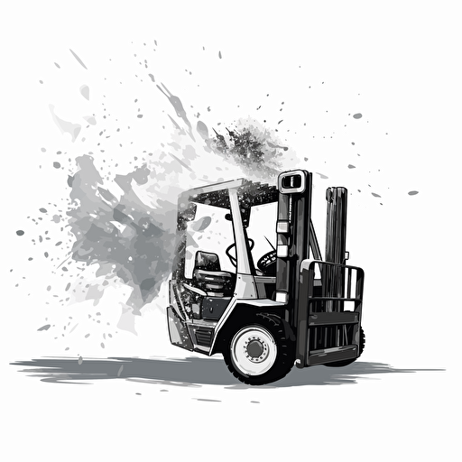 black and white image of a forklift with splash of dust showing it in action, colored cartoon style, flat design vector, white background, ar 1:1
