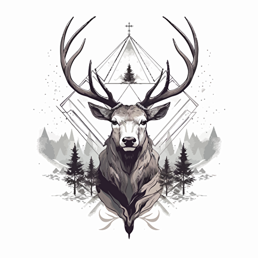 elk with one antler like a unicorn, open mouth, black and white vector illustration, simple ::vector style