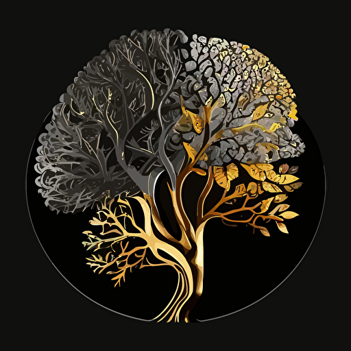 brain, tree of life, silver and gold , black background, no text, vector logo