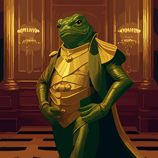 Influenced by the Art Deco style, create a vector illustration of KEK (in his frog form resembling Pepe the Frog) adorned in lavish golden armor, attending a grand ball. Set the scene in an opulent, geometric ballroom during a glamorous event. KEK casts a mysterious gaze upon the other attendee
