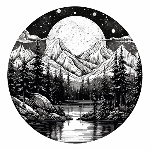 black and white vector illustration of trees and mountain with a monn background refraction
