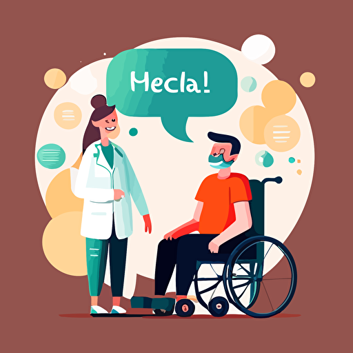 nurse standing behind man in wheelchair, happy, speech bubble, network, vector illustration, communication, interconnectedness, warm, positive