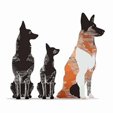 minimal vector, shows 3 different dog types and sizes, minimal colors, white background