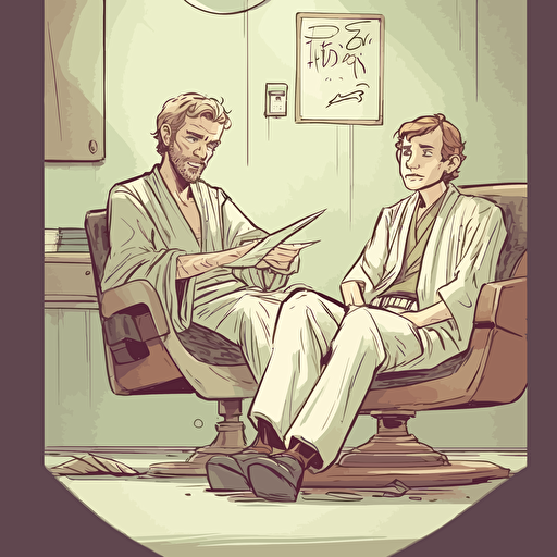 Luke skywallker wearing jedi robes lays in the chaise lounge, arms crossed, lightsaber gripped in one hand, silent. He stares at the floor, avoiding eye contact with the psychiatrist, Dr. Froyd. The doctor leans forward in his chair, eyes narrowed in curiosity, and speaks. "Luke, I know this must be difficult for you, but I need to tell me about your father. comic book style vectorr drawing