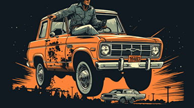 vector art style, OJ in a Bronco running from police, in the style of Michael Parks,
