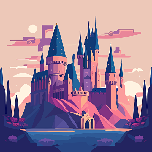 Flat vector art illustration, travel poster featuring, Hogwarts Castle, Pastel blues, purples, and pinks, Wide Angle, no text