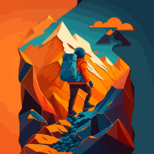 blue orange red simple flat vector illustration of young boy climbing a mountain:: in style of vivian mineker