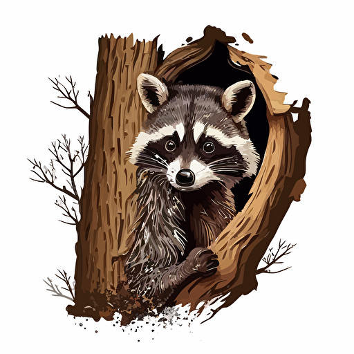 Curious raccoon vector peeking out of a tree on a white background