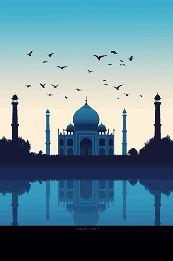 front view of the Taj Mahal, blue sky, vector design, minimalist, flat, bird silhouettes in the sky