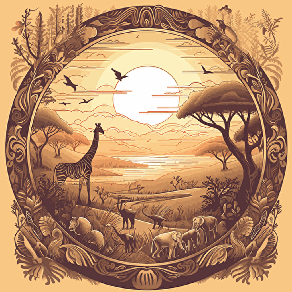 An illustration of an African landscape through a frame of African continent shape, with animals, sun, and savanah, limited color pallete, beautiful, detailed, vector, svg, shadows, highlights, inspiried by art by Andrey Prokopenko, hi res