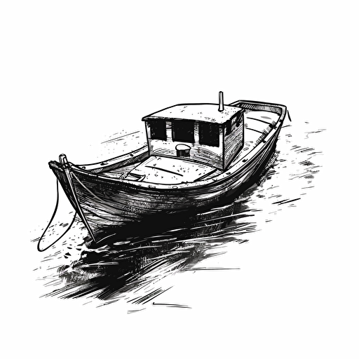illustration of a boat on water, black ink, vector isolated on white