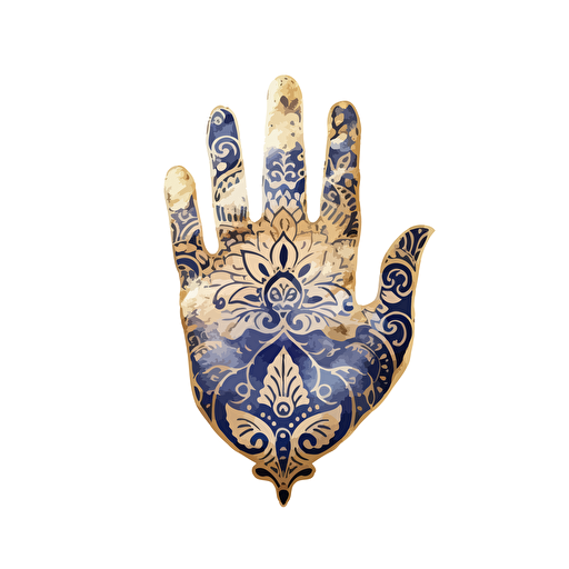 fatma's hand navy watercolor drawing with gold and navy pattern inside vector, white background