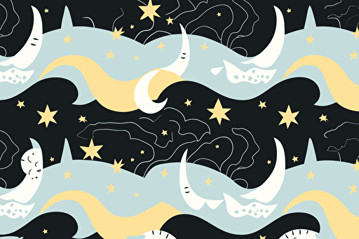 a minimal vector pattern containing unicorn horns, stars and waves. light blue, yellow, black.