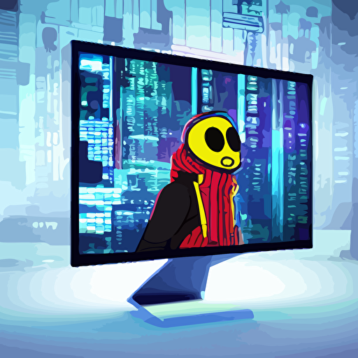 monitor head media concept 3d illustration hoodie wearing character smiling computer display face standing futuristic cyberpunk city