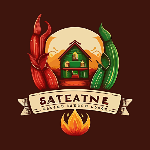 create brand logo vector based, the soul of the earth, vibrant, teremana, line sketch style, main color deep red and green, accent orange or yellow. Have outline of Mexican home on left and bar on right wrapped in a flame or corn husk**