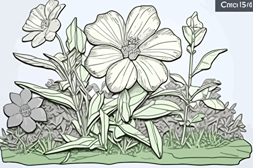 pdf vector drawing, crystal flower lawn, pale sublte colors, thick crisp black outline