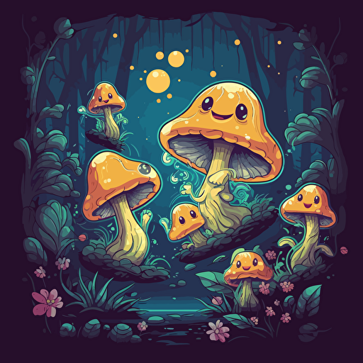 a trippy vector illustration of cute happy trippy mushrooms making a ritual and dancing in the forest