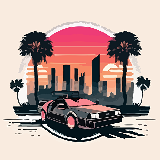 delorean in miami vice style, logo, flat background, vector